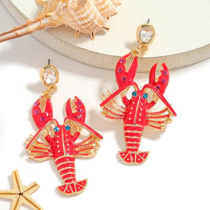 Creative Exaggerated Ocean Animal Drop Dangle Earrings for Women, Bohemia Style Alloy Lobster Octopus Fish Crab Earrings for Summer Beach Holiday Party Jewelry Gifts - style: Rhinestone Red Lobster Dangle Earrings-D