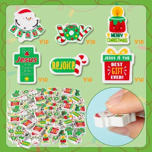 ANGOLIO 60Pcs Christian Mini Cartoon Bulk Erasers Merry Christmas Party Pencil Top Erasers Jesues Religious Cross Pattern for Classroom Activities Rewards Game Prizes Bible Christmas Party Supplies - style: Christian