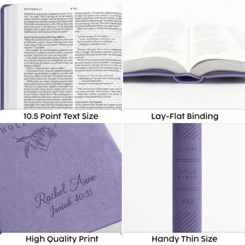 Printualist Personalized NLT Thinline Bible, Custom Engraved Name and Scripture Reference, New Living Translation Text, Botanical Faux Leather Christian Gift for Devotion and Church, Lavender - color: Lavender