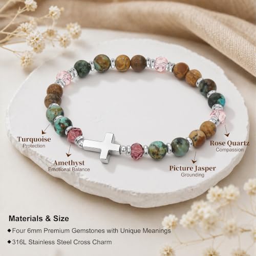 Natural Stone Stretch Bracelet for Women - Holy Water Elastic Cross Bracelet | Christmas Christian Baptism Gift, Meaningful Gifts, Unique Gift for Friends Mom Daughter Sister - style: cross-Every Day-new