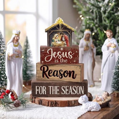Moucuny 4 Pcs Christmas Table Decor Christian Nativity Scene Wooden Blocks - style: Jesus is the Reason of This Season
