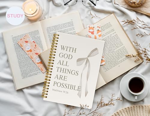 White Bible Journal for Women, A5 Spiral Christian Notebook & Study Supplies, Cute Hardcover Coquette Bow Diary with Scripture Matthew 19:26 for Church Notes, Prayer & Teen Girls, 5.5 x 8.3 Inch - color: (White) Matthew 19:26