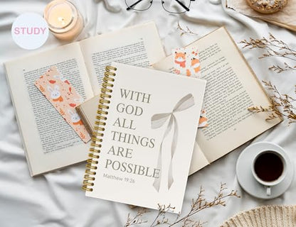 White Bible Journal for Women, A5 Spiral Christian Notebook & Study Supplies, Cute Hardcover Coquette Bow Diary with Scripture Matthew 19:26 for Church Notes, Prayer & Teen Girls, 5.5 x 8.3 Inch - color: (White) Matthew 19:26
