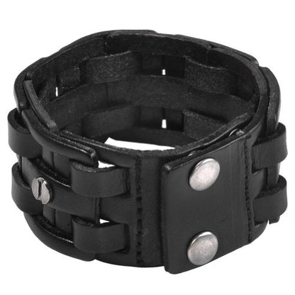 Zysta Cool Punk Rocker Wide Cuff Wristband Bracelet Mens Gothic Biker Braided Style Genuine Leather Bangle 8.5"-9" Adjustable Black/Brown - color: Black