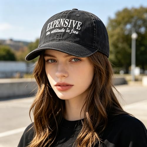 Funny Vintage Baseball Cap, Adjustable Cotton Embroidered Hat for Men Women, Retro Humor Gift Trucker Caps - color: Expensive the Attitude is Free - Black