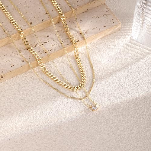 Layered Gold Necklace for Women, 14K Gold Plated Necklace Stack Set, Dainty Pendant Necklace Non Tarnish, Fashion Bow CZ Circle Star Hammered Cross Jewelry Gift for Women - color: Gold-01