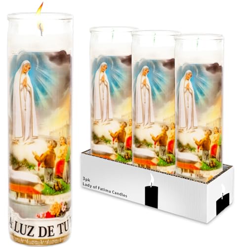 Generic Our Lady of Fatima 3 Pack of 8 Inch White Unscented Virgin Mary Candles for Vigils, Prayers, Blessing Ceremonies, Religious Services & More