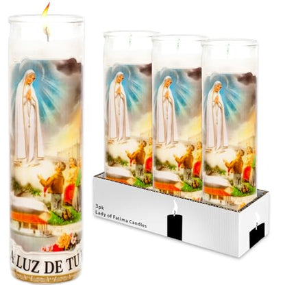 Generic Our Lady of Fatima 3 Pack of 8 Inch White Unscented Virgin Mary Candles for Vigils, Prayers, Blessing Ceremonies, Religious Services & More
