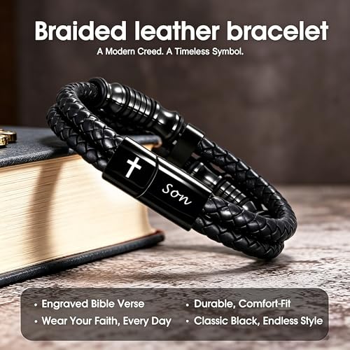 Christian Gifts for Mens Jewelry Black Double Layer Leather Cross Bible Verse Bracelets for Men, Teen Boys Religious Baptism Confirmation Gifts for Son Grandson Brother Teenages Gift Ideas - color: Son from Mom(8.27 Inch)