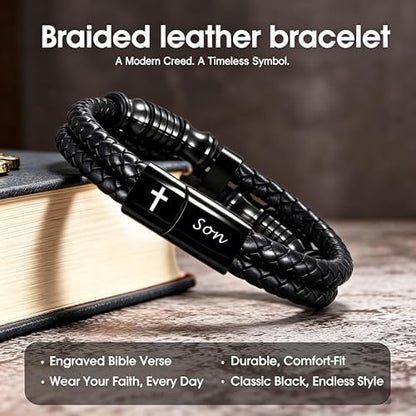 Christian Gifts for Mens Jewelry Black Double Layer Leather Cross Bible Verse Bracelets for Men, Teen Boys Religious Baptism Confirmation Gifts for Son Grandson Brother Teenages Gift Ideas - color: Son from Mom(9 Inch)