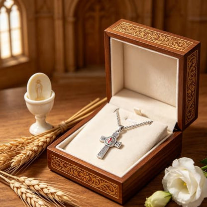 Knights Templar Cross Necklace, Stainless Steel Celtic Knot Red Enamel Double Sided Pendant, 3mm Box Chain, Vintage Religious Amulet Faith Jewelry Gift