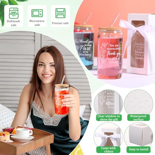 Ziliny 24 Set Thank You Gifts Bulk Employee Appreciation Gifts for Staff Christmas Coworker 16 oz Glass Cups with Lids and Straws with Gift Box Ribbon for Friends Nurse Teacher(Floral and Team) - style: Floral and Team