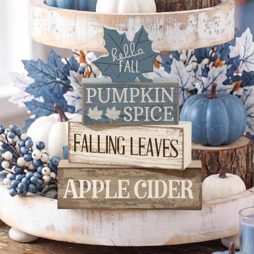 Moucuny 4 Pcs Fall Table Decoration Rustic Blue Maple Leaf Wooden Blocks - style: Blue Maple Leaves