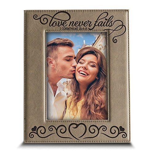 BELLA BUSTA - " Love Never Fails - 1 Corinthians 13:4-8 (Bible Verse) Engraved Leather Picture Frame (4"x 6" Vertical) - size: 4"x 6" Vertical