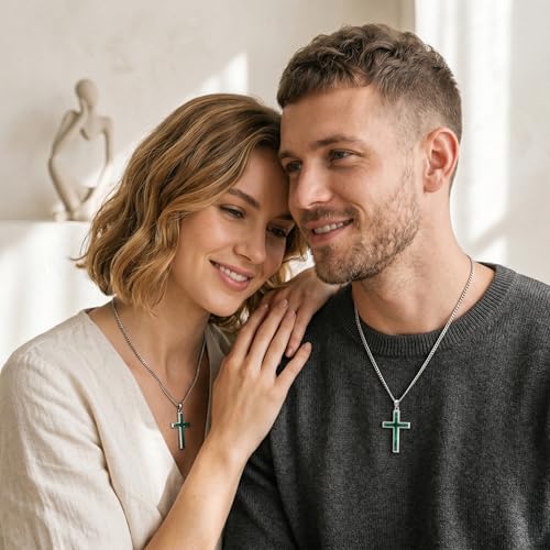MRENITE Silver Natural Stone Cross Necklace, Classic Latin Cross Pendant Necklace for Unisex Women Man, Vintage Crystal Quartz Cross Necklace with 20+2 Inches Adjustable Cuban Chain - style: Malachite