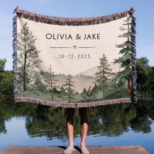 Personalized Couples Mountain Blanket - Custom Name Forest Wedding Engagement Gift - Soft Cotton Anniversary Camping Throw - Cozy Cabin Decor for Nature Lovers - color: A3