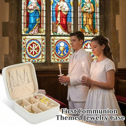 2 Pcs White First Communion Travel Jewelry Box, First Communion Gifts for girls Jewelry Case, Inspirational Religious Baptism Gift Small Square Container with Zipper for Rings Earrings Necklaces