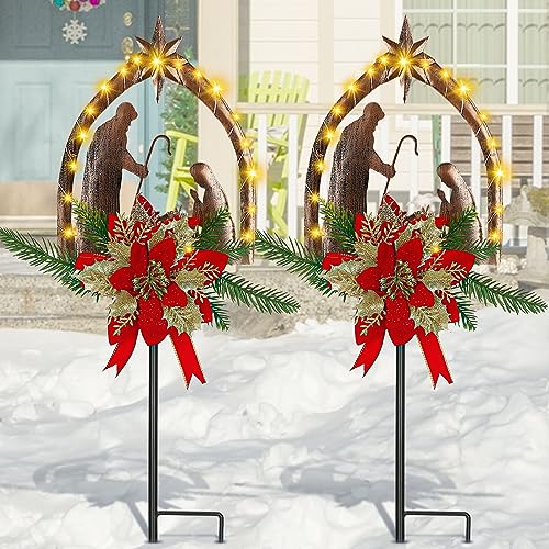 Moukeren 2 Pcs 3.5ft Nativity Scene Outdoor Light up Yard Stakes, Rustic - style: Rustic