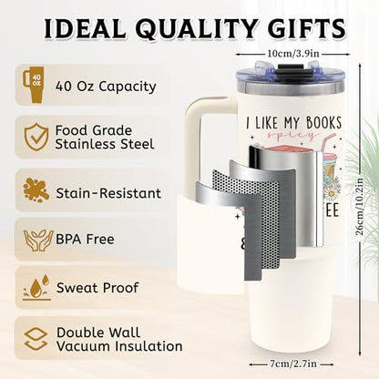 Book Lovers Gifts for Women, 40oz Tumbler with Handle & Straw - color: Bookcoffee-White