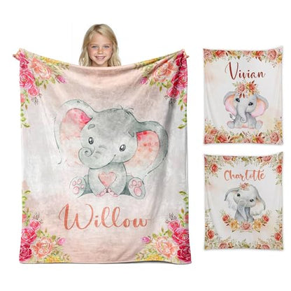 Personalized Baby Elephant Blanket for Girls with Name - color: Orange Elephant