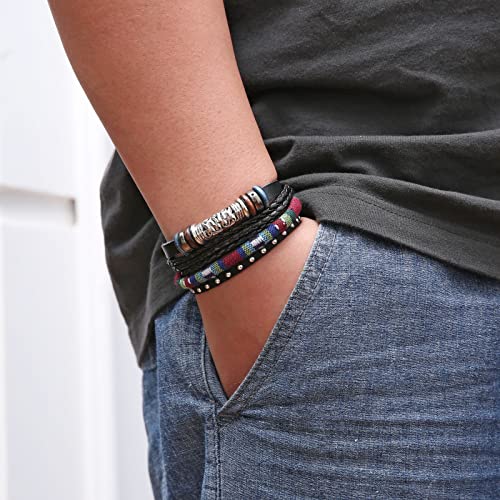 HZMAN Handmade Hemp Cords Wood Beads Leather Bracelets for Men Women - style: Ethnic Tribal