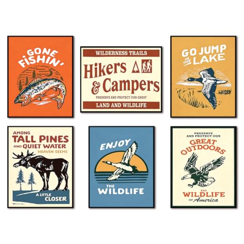 SHRNGCK Vintage Outdoor Posters Set of 6 Funny Wilderness Camping Hiking Wall Art Nature Wildlife Canvas Prints Aesthetic for Bedroom Living Kids Cabin Room 12x16 Unframed - color: Animal, size: 16"L x 12"W