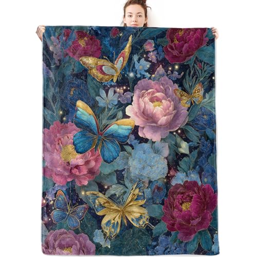 Butterfly Flannel Blanket Gifts for Nature Lover,50x40inch,Elegant Night Garden Throw Blankets with Blooming Flower and Insect,for Bedroom,Living Room,Camping Fantasy Home Decor Throws - color: Floral 02, size: 50x40 Inch