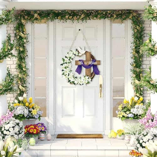 11.5 Inch Wooden He is Risen Easter Cross Wreath Door Sign