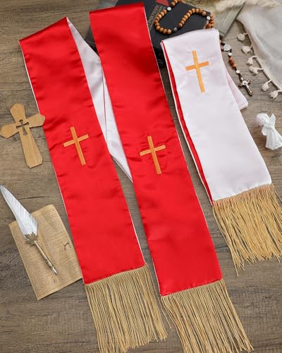 Eurzom 2 Pcs Reversible Clergy Stole with Cross Tassels - color: White,red