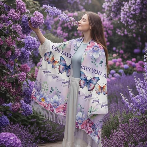 The Virgin Mary Bible Verse Shawls for Women, Catholic Christian Blanket Scarf Gifts or Mom Teacher Christmas - color: Purple Butterfly