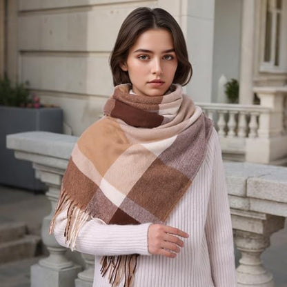Clothirily Womens Winter Scarf, Oversized Long Blanket Plaid Shawl Wrap - color: Brown White Lattice