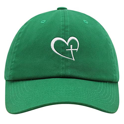 JPAK Heart and Cross Premium Dad Hat Embroidered Cotton Baseball Cap Christian Faith - color: Kelly Green