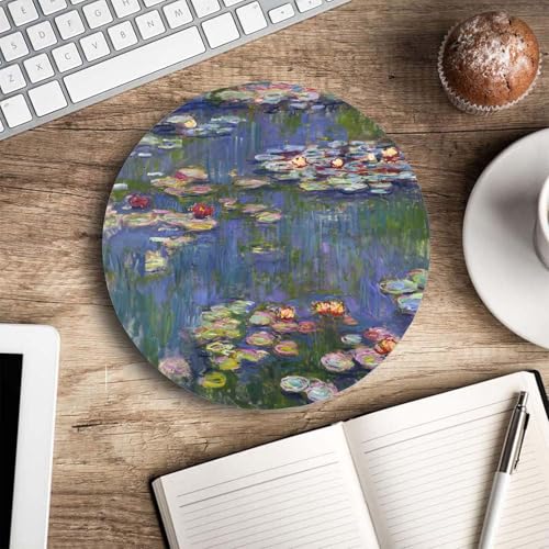 Mouse Pad, Cute Mousepad with Design, Round Water Lilies Claude Monet Mat, Small Non-Slip Rubber Gaming Pads, Office Home Personalized Pad 7.9×7.9×0.12 inches - color: Water Lilies Claude Monet