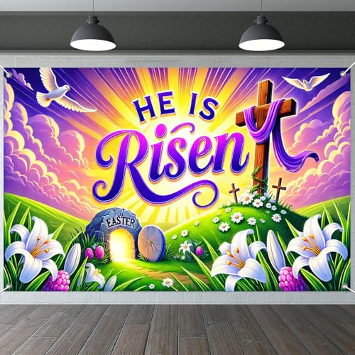 IVN He Is Risen Easter Banner 71x43 Inch Christian Cross Empty Tomb Lilies - color: He Is Risen Empty Tomb Cross Christian