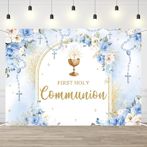 AIBIIN 7x5ft First Holy Communion Backdrop for Boy Mi Primera Comunión Party Decorations Blue and Elegant Floral Party Banner Flower Garland Dove Bible God Bless Party Photo Prop - color: Blue, size: 7x5ft
