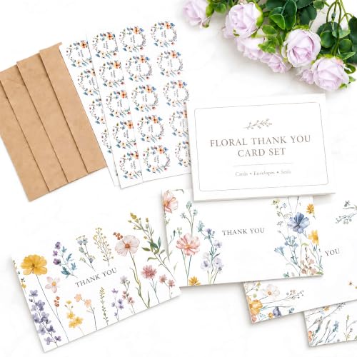 XXINMOH 102 PACK Floral Thank You Cards With Envelopes (4"x6") - Wildflower Blank Cards With Adhesive Envelopes & Matching Stickers for Wedding, Bridal Showers, Baby Showers, Birthday, All Occasion