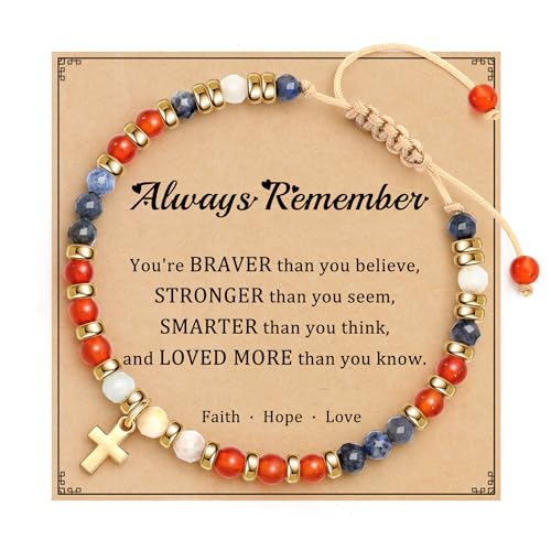 Cross Bracelets for Women Girls, Christian Gifts for Women Natural Stone Beaded Bracelets First Communion Confirmation Baptism Gifts Catholic Easter Christmas Inspirational Gift Jewelry - color: Red Blue - Always Remember