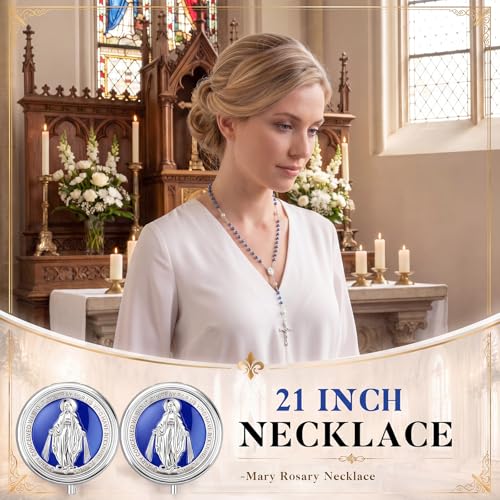 Jadive 24 sets Catholic Rosary Necklace, 6mm Glass Pearl Beads 8mm Our Father Bead Metal Gift Box for Women Men Prayer Gift - color: Blue
