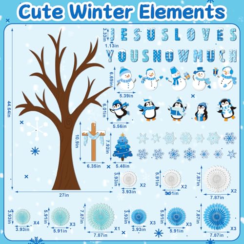 Gersoniel 79 Pcs Winter Bulletin Board Decorations Jesus Loves You Snow Much Classroom Decor 3D DIY Christmas Tree Paper Fans Snowman Snowflake Penguins Cutouts for Winter Xmas Home School Wall Decor - style: Winter