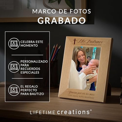 Lifetime Creations Marco de Foto Personalizado para Padrinos – Regalo para Padrino y Madrina, Recuerdo de Bautizo Grabado en Madera, Regalo Personalizado para Padrinos (Foto 4x6 Vertical) - color: Personalizado - Padrinos (en Español), size: 4" x 6" Portr