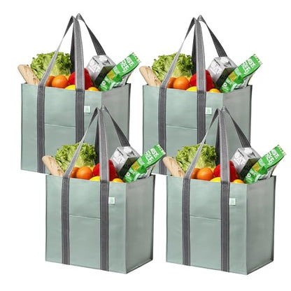 VENO 4 Pack Large Grocery Bag Reusable Shopping Bags with Hard Bottom - color: Light Green