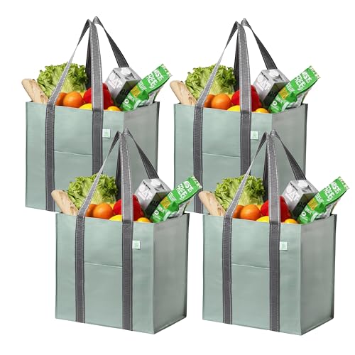 VENO 4 Pack Large Grocery Bag Reusable Shopping Bags with Hard Bottom - color: Light Green
