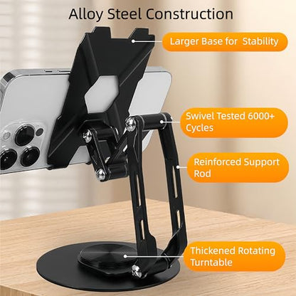 All-Metal Cell Phone Stand 360° Rotatable & Height Adjustable - 25KG Super Load-Bearing, Foldable Desk Stand for Phone, Compatible with iPhone 17/16/15/14, Kindle eBook, Silver - color: D-Quad-Fold - Silver