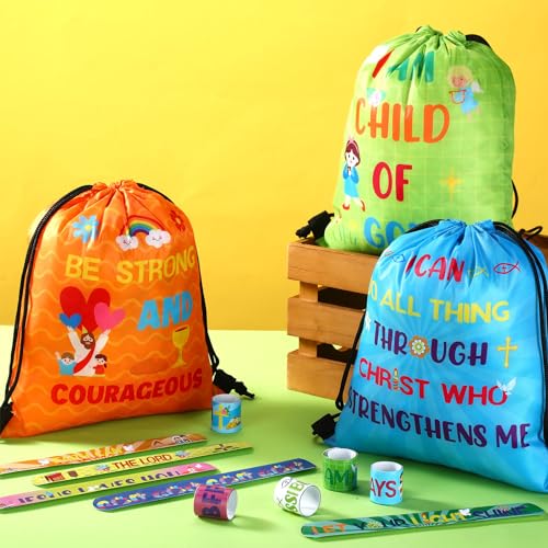 Frienda 20 Pcs Christian Party Favors Includes 10 Bible Verse Drawstring Backpack Bags and 10 Religious Slap Bracelets for VBS Birthday Gifts Church Sunday School Prizes Supplies(Classic) - style: Classic