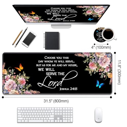 Desk Pad Mat Gaming Mouse Pads with Coasters Set, Stitched Edges Design XL Large Mouse Pad for Laptop Computers Floral Quote Bible Verse Joshua 24:15 Desk Writing Mat for Office & Home 31.5"x 11.8" - color: Floral Quote Bible Verse Joshua 24:15, size: 31.