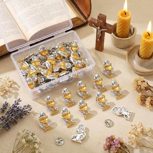 Hoteam 50 Pcs First Communion Enamel Lapel Pins Bulk Chalice with Grapes and Wheat Gold Plated Religious Pins Gifts for First Holy Communion Catholic Baptism Christian Memorial Favors - style: Retro