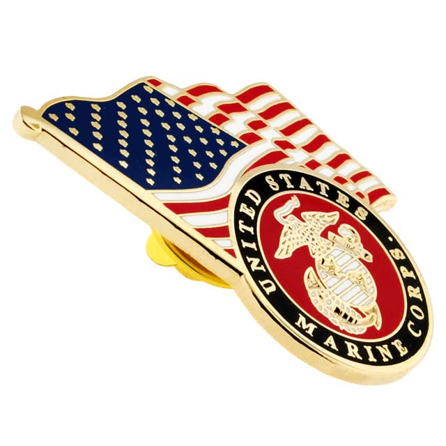 PinMart Officially Licensed U.S.M.C. Lapel Pin - Gold Color Plated Enamel - color: Emblem & USA Flag Gold Plated, size: 25 Pack