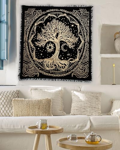 Indian Consigners Tree of Life Altar Cloth Tapestry Tablecloth Celtic Trees Ritual Spiritual Cloth for Sacred Places, Cotton Square Tarot Table Cover 18 by 18 Sacred - color: Golden Sun Moon Tree, size: 18" x 18" (Square)