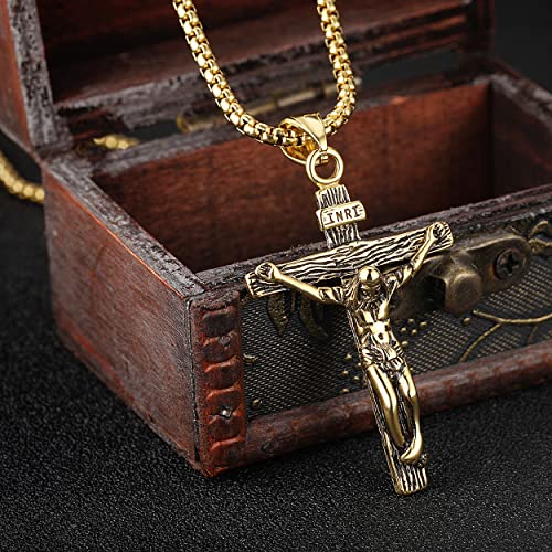 Jesus Christ on INRI Crucifix Cross Pendant Necklace for Teens Women Men - color: Gold