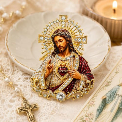 Sacred Heart of Jesus Brooch Pin, Virgin Mary Pin Catholic Sacred Heart Home Altar Church Baptism Religious Inspirational Jewelry Gift - color: Gold Red God